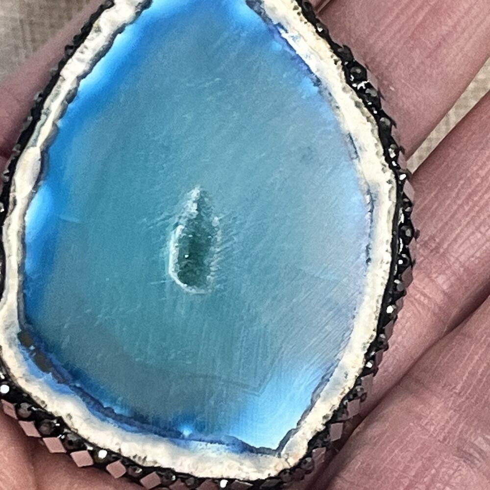 Vintage Sterling Silver 925 Blue Aqua Agate Slice Pendant Necklace 16" (#23) - Picture 12 of 16